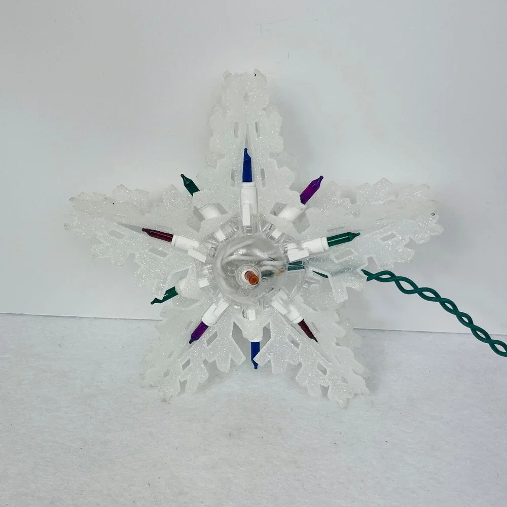 Glittery White Snowflake Christmas Tree Topper Multi-Color Lights 8.5 Inch Star